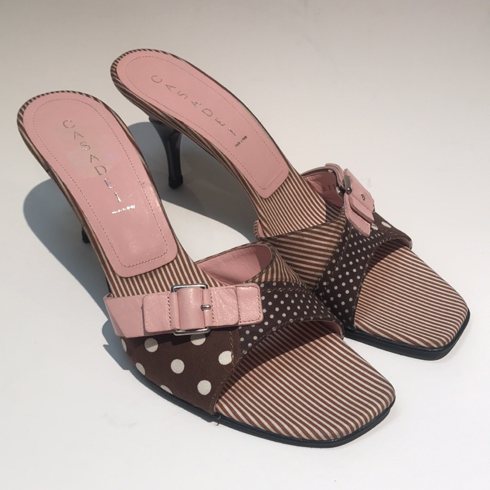 Casadei Pink and Brown Polka Dot Striped Mules with Buckle